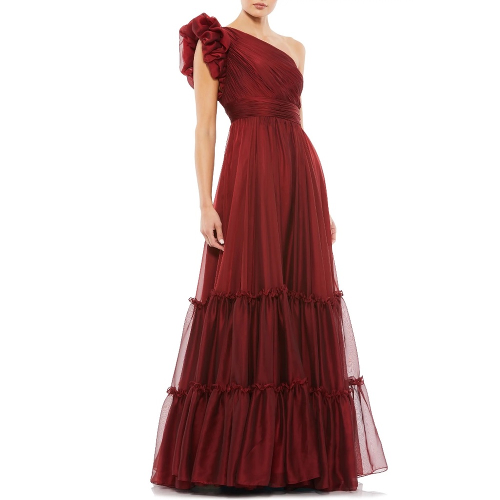 Mac Duggal One-Shoulder Ruffled Burgundy Evening Gown